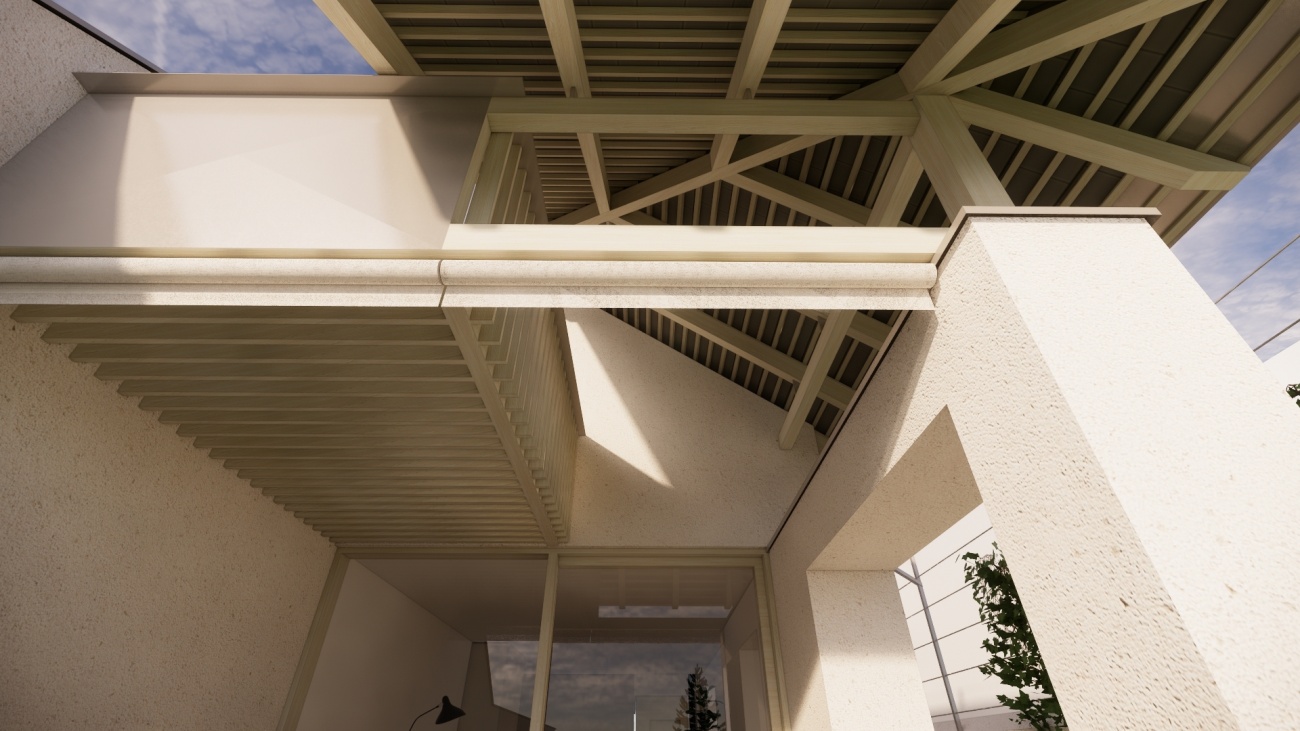 zaostrenie na návrh konštrukcie strechy a balkóna plnohodnotného domu na pozemku šírky 6,5 metrov
