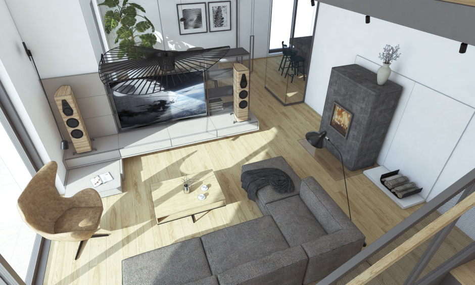 pohľad na minimalistickú obývaciu izbu zo schodiska